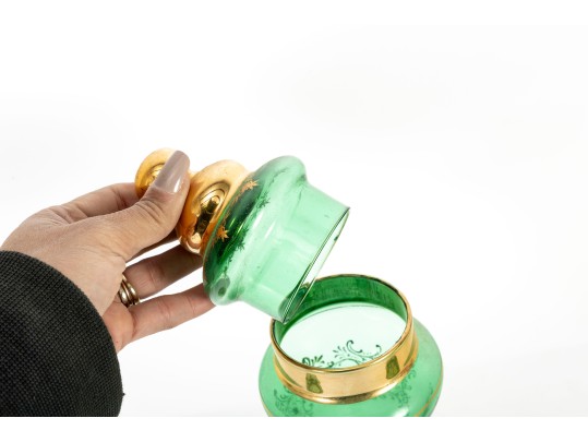 Ornately Gilt Green Glass Pokal Vase And Chalices, Likely Empoli Rossini