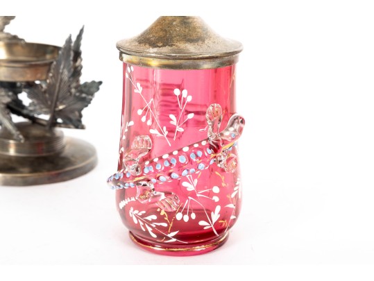 Meriden Sculptural Cranberry Glass Pickle Castor 