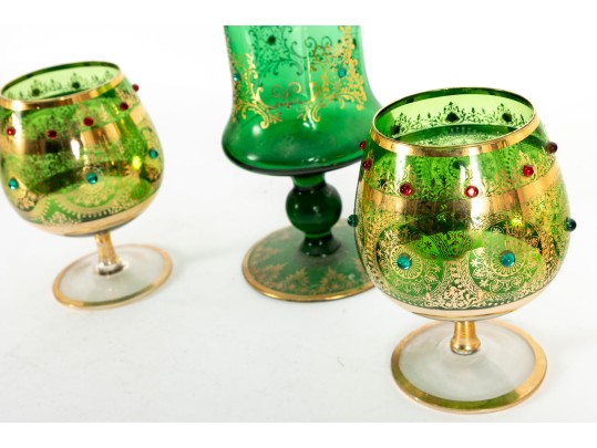 Ornately Gilt Green Glass Pokal Vase And Chalices, Likely Empoli Rossini