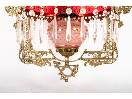 Hobnail Cranberry Glass Electric Chandelier With Prisms