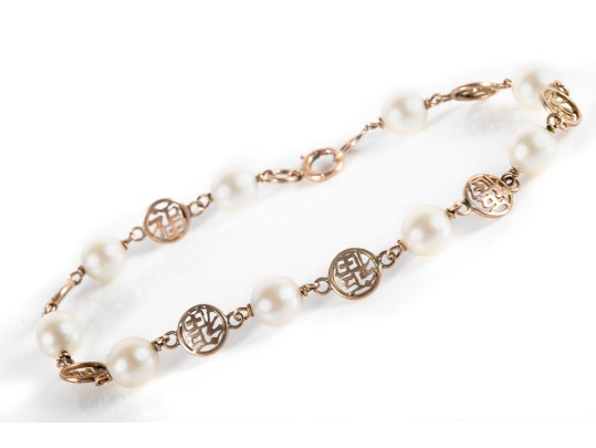 14k Yellow Gold Chinese Motif Cultured Pearl Bracelet