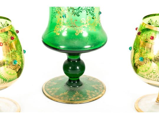 Ornately Gilt Green Glass Pokal Vase And Chalices, Likely Empoli Rossini