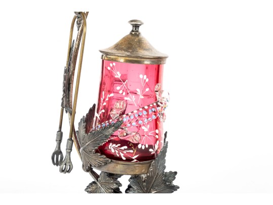 Meriden Sculptural Cranberry Glass Pickle Castor 