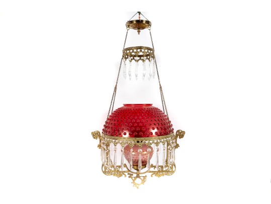 Hobnail Cranberry Glass Electric Chandelier With Prisms