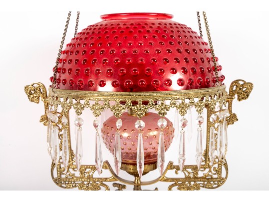 Hobnail Cranberry Glass Electric Chandelier With Prisms
