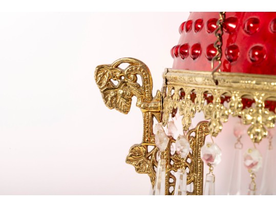 Hobnail Cranberry Glass Electric Chandelier With Prisms