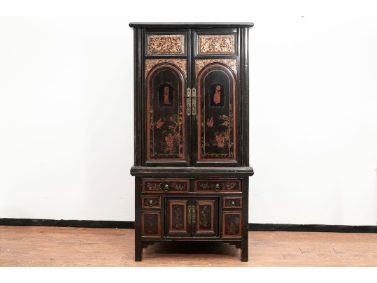 Antique Black-Lacquered Chinese Marriage Cabinet