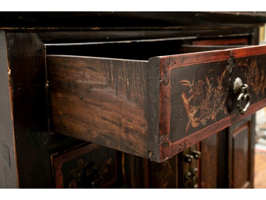 Antique Black-Lacquered Chinese Marriage Cabinet