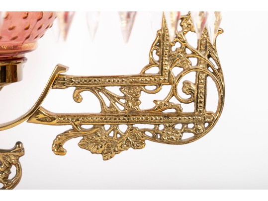 Hobnail Cranberry Glass Electric Chandelier With Prisms