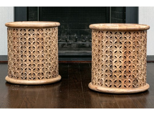 Pair Of West Elm Carved Mango Wood Side Tables