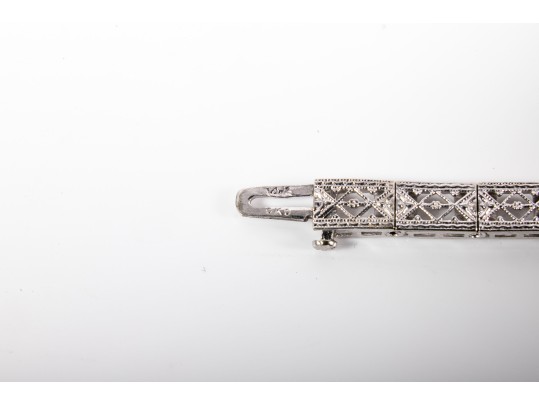 14k White Gold Vintage Filigree Bracelet With Diamonds And Synthetic Emeralds