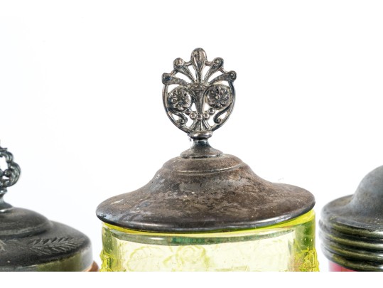 Uranium, Cranberry, And Amber Glass Pickle Castors