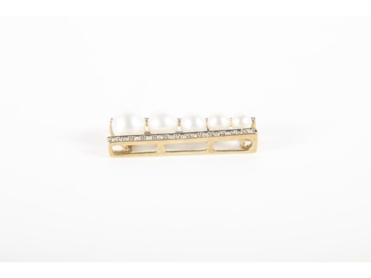 10k Yellow Gold Cultured Pearl And Diamond Ladder Pendant