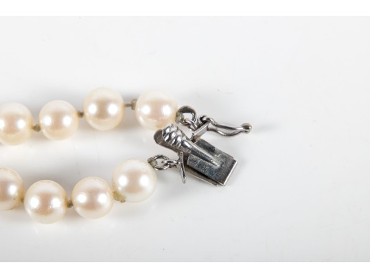 14k White Gold Two-Strand Cultured Pearl And White Sapphire Bracelet