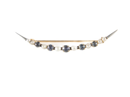 14k Yellow Gold Sapphire And Cultured Pearl Crescent Brooch