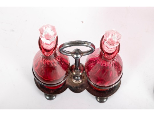 Cranberry Glass Cruets And Salt Cellar