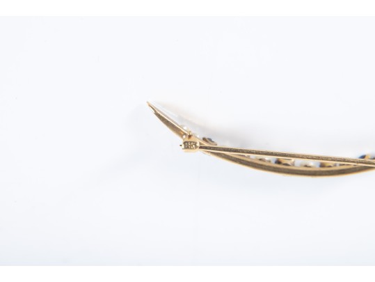 14k Yellow Gold Sapphire And Cultured Pearl Crescent Brooch