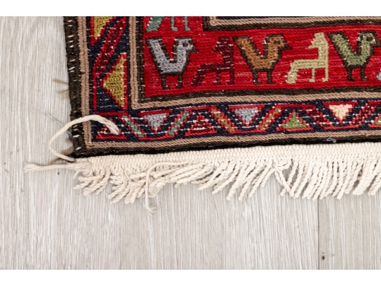 Colorful Wool Runner Rug With Camel Motifs (9’6” X 3’9)