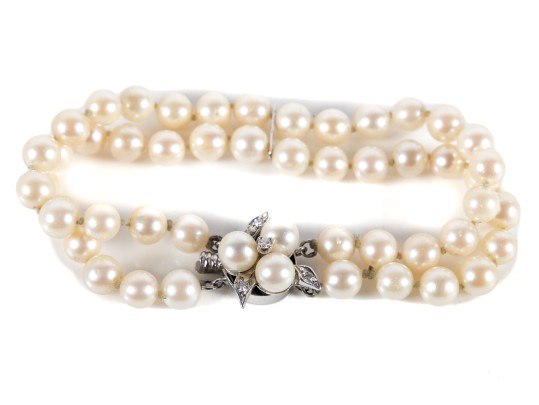 14k White Gold Two-Strand Cultured Pearl And White Sapphire Bracelet