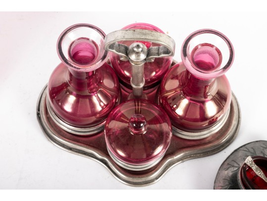 Cranberry Glass Cruets And Salt Cellar