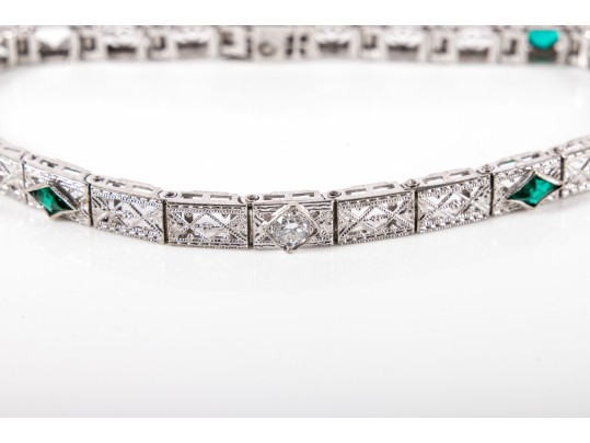 14k White Gold Vintage Filigree Bracelet With Diamonds And Synthetic Emeralds