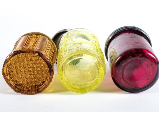 Uranium, Cranberry, And Amber Glass Pickle Castors