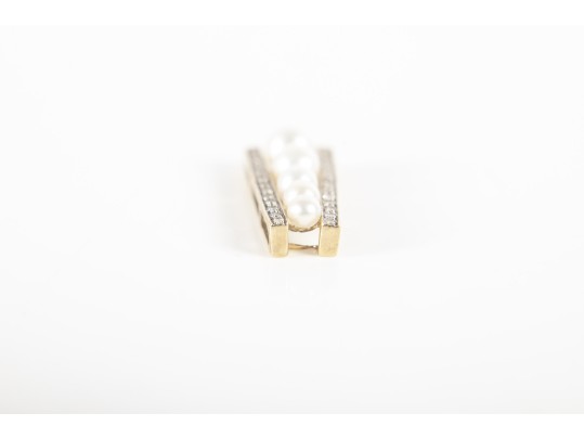 10k Yellow Gold Cultured Pearl And Diamond Ladder Pendant