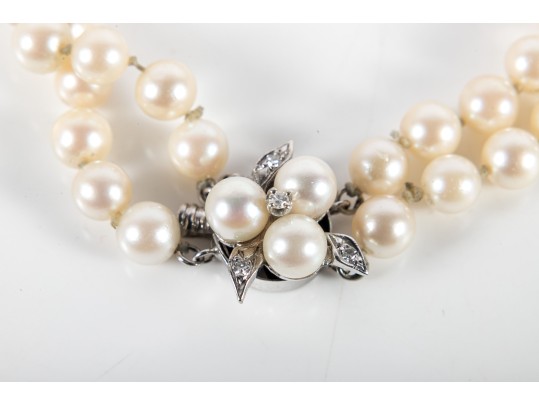 14k White Gold Two-Strand Cultured Pearl And White Sapphire Bracelet