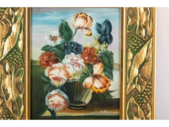 Signed Oil On Canvas, Floral Still Life Under A Blue And Pink Sky