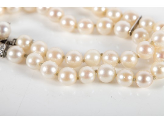 14k White Gold Two-Strand Cultured Pearl And White Sapphire Bracelet