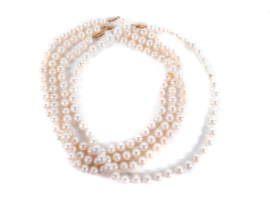 Four Similar Knotted Large Cultured Pearl Necklaces With 14k Yellow Gold Claps