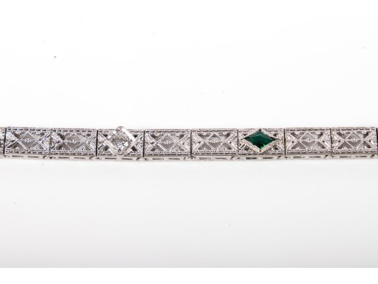 14k White Gold Vintage Filigree Bracelet With Diamonds And Synthetic Emeralds