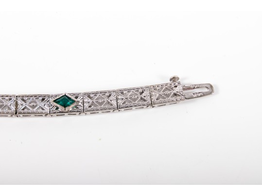 14k White Gold Vintage Filigree Bracelet With Diamonds And Synthetic Emeralds