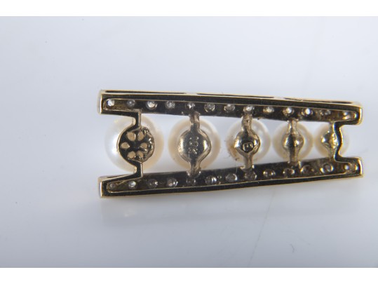 10k Yellow Gold Cultured Pearl And Diamond Ladder Pendant