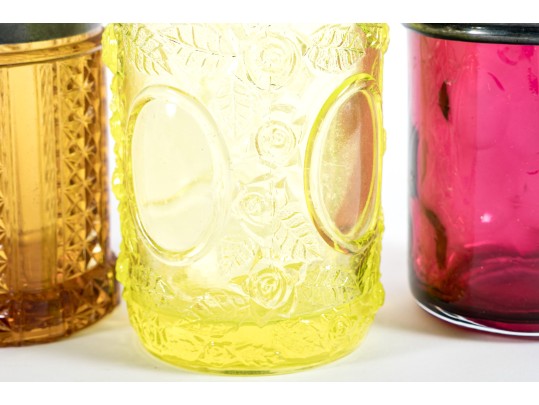 Uranium, Cranberry, And Amber Glass Pickle Castors