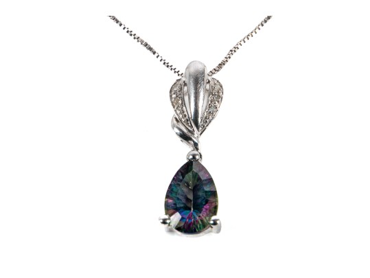 10k White Gold Mystic Topaz And Moissanite Pendant On A Sterling Chain