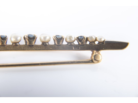 14k Yellow Gold Sapphire And Cultured Pearl Crescent Brooch