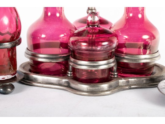 Cranberry Glass Cruets And Salt Cellar