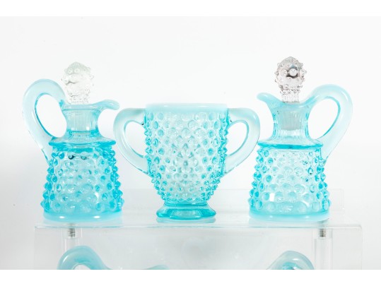 Blue Hobnail Depression Glass Perfume Decanters And Vases