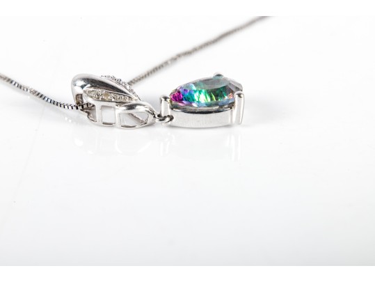 10k White Gold Mystic Topaz And Moissanite Pendant On A Sterling Chain