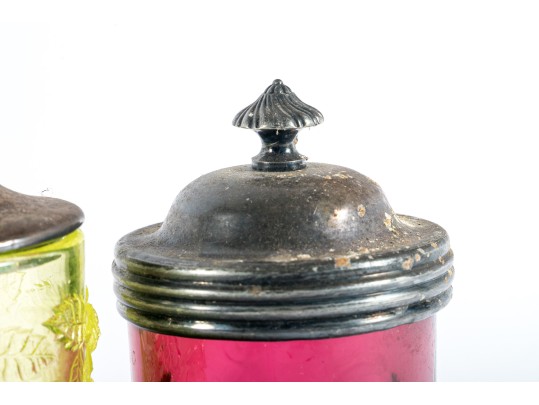 Uranium, Cranberry, And Amber Glass Pickle Castors