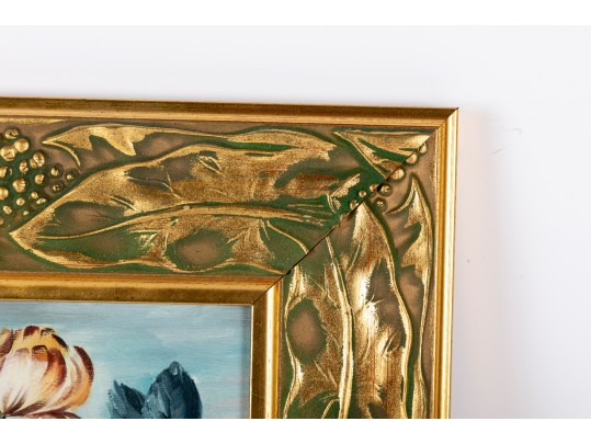 Signed Oil On Canvas, Floral Still Life Under A Blue And Pink Sky