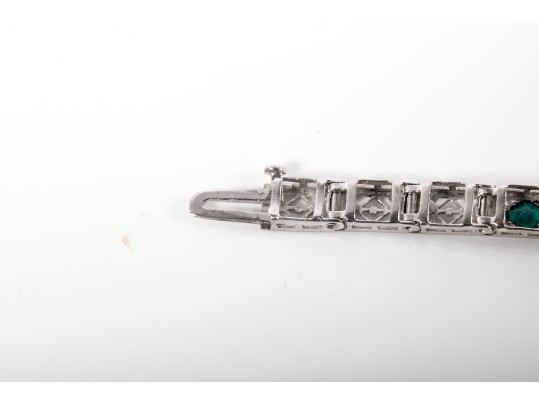 14k White Gold Vintage Filigree Bracelet With Diamonds And Synthetic Emeralds