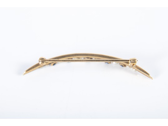 14k Yellow Gold Sapphire And Cultured Pearl Crescent Brooch