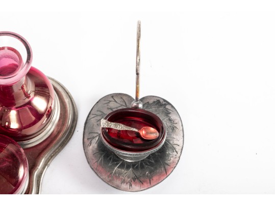 Cranberry Glass Cruets And Salt Cellar