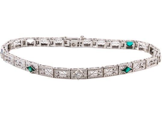 14k White Gold Vintage Filigree Bracelet With Diamonds And Synthetic Emeralds