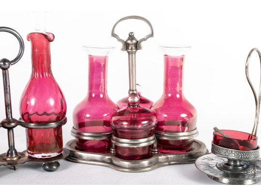 Cranberry Glass Cruets And Salt Cellar
