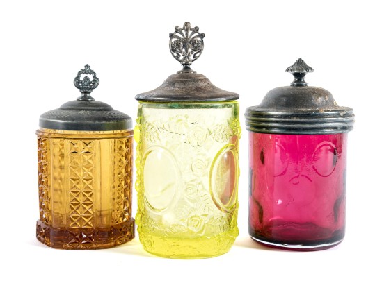 Uranium, Cranberry, And Amber Glass Pickle Castors