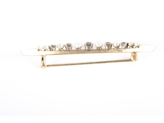 14k Yellow Gold Sapphire And Cultured Pearl Crescent Brooch