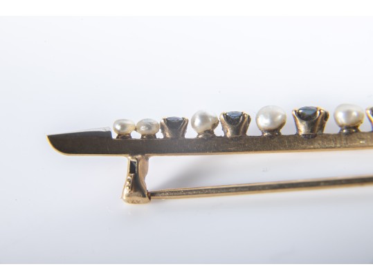 14k Yellow Gold Sapphire And Cultured Pearl Crescent Brooch